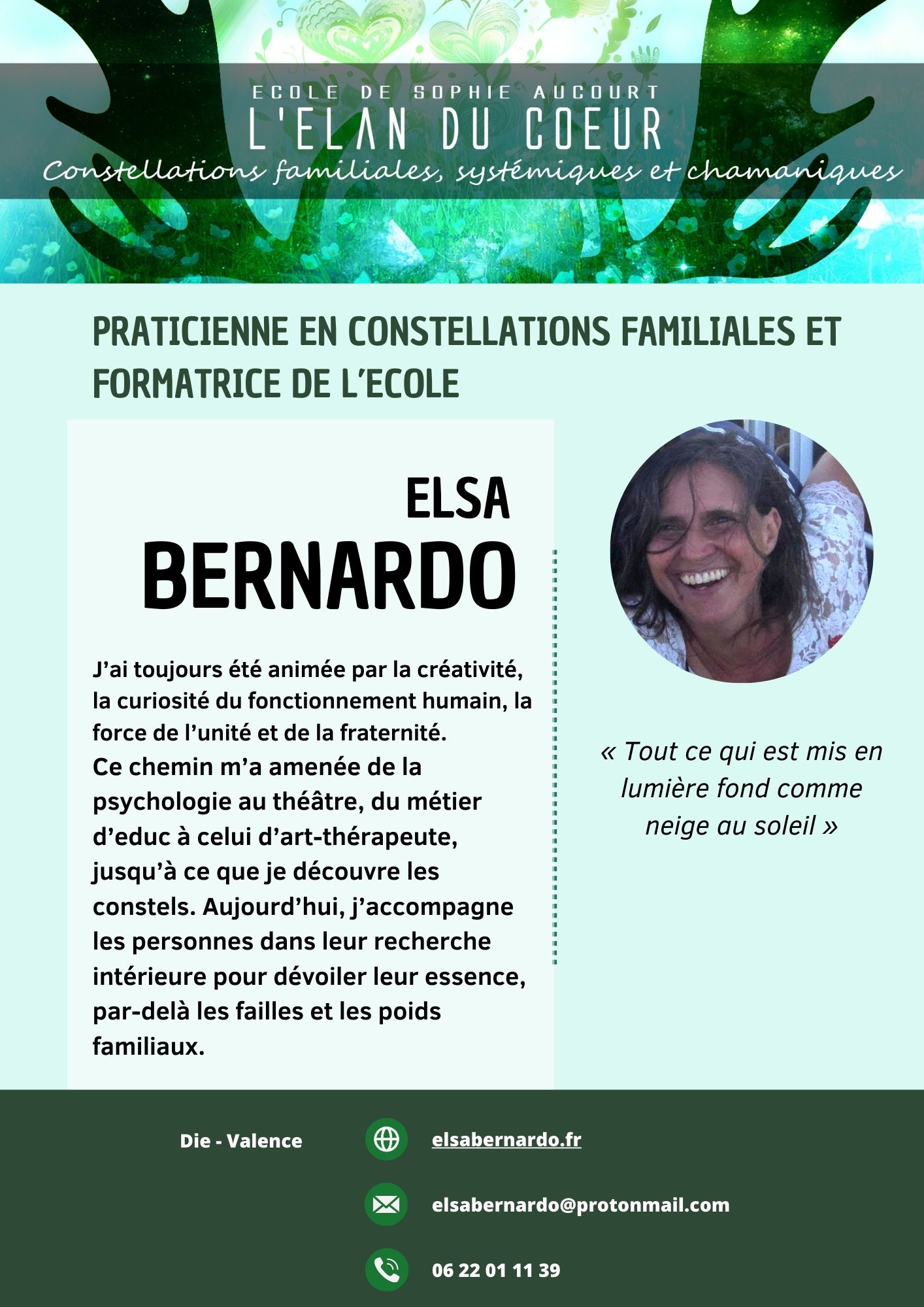 Elsa Bernardo - Formatrice de l'école de l'élan du coeur, praticienne en constellation familiale, systémique et chamanique, art thérapeute et educatrice spécialisée Image